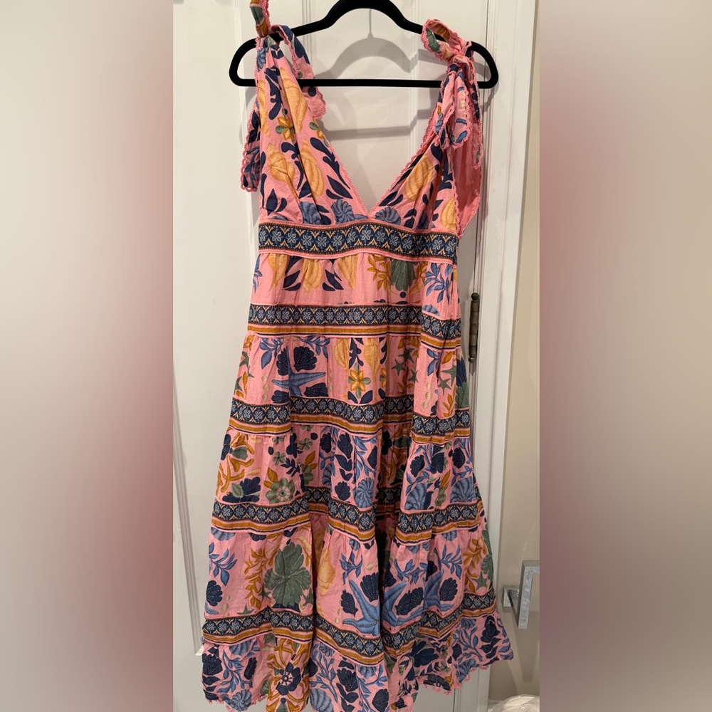 FARM Rio Pink Floral Tiered V-Neck Midi Dress